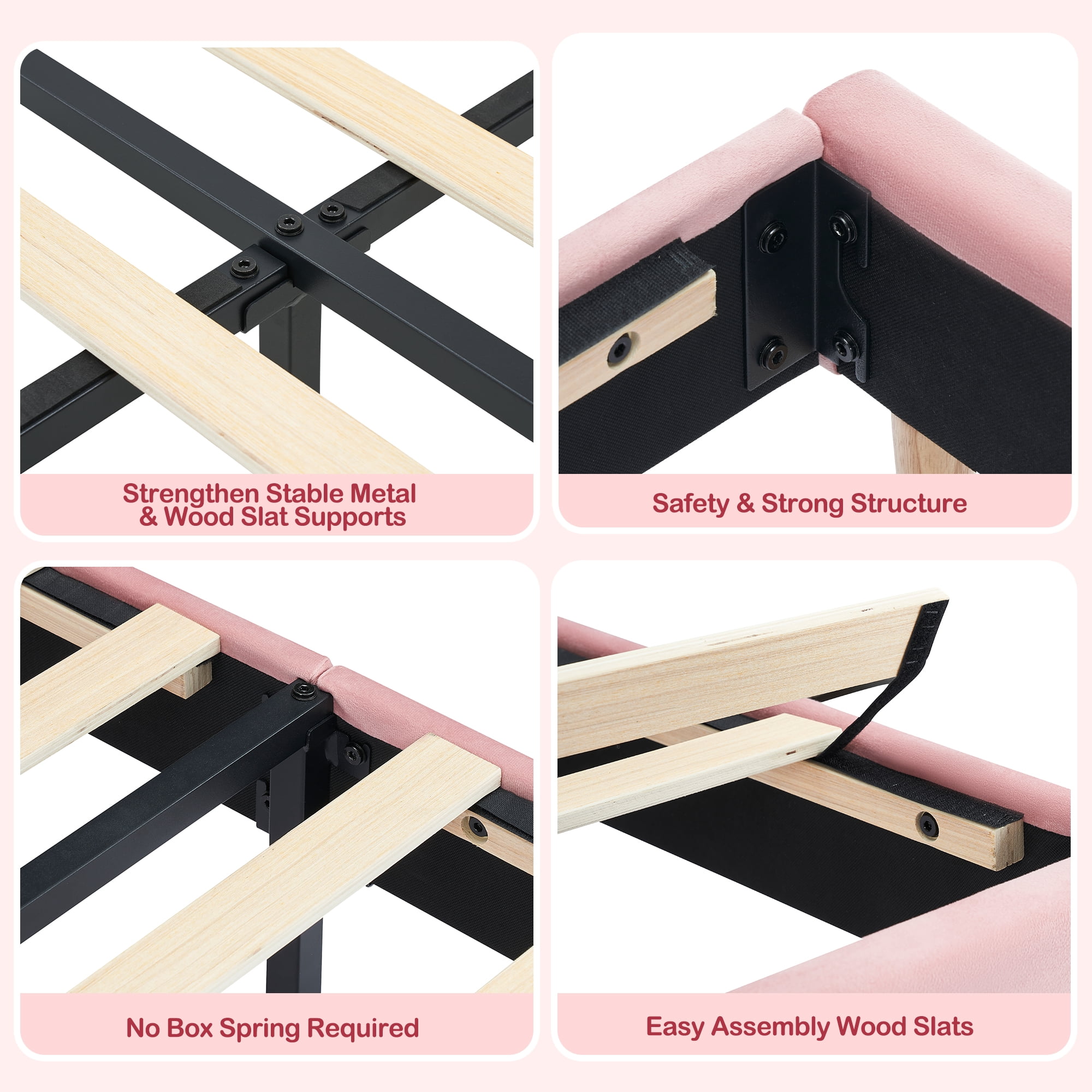 COZONY Twin Bed Frame, Velvet Upholstered Platform Bed w/ Bookcase Headboard, No Box Spring Needed, Noise-Free, Pink