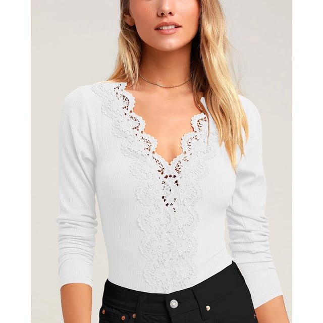 Women Bodysuit, Long Sleeved Fashionable Pure Color Lace Bodysuit For Party ANGGREK No