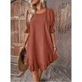 thumbnail image 5 of Women Cotton Linen Crewneck Mid Sleeves Ruffle Summer Beach Vacation Casual Loose Dress, 5 of 6