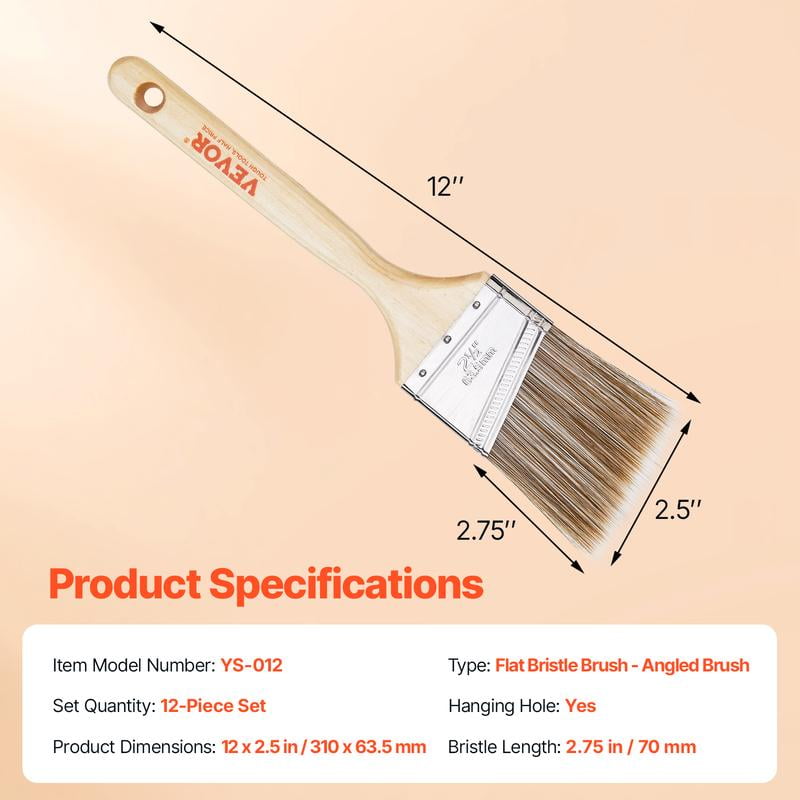VEVOR Paint Brushes,  , 12 Piece Angle Paint Brush, Treated Wood Handle, Paint Brush Set for All Latex and Oil Paints & Stains, Wood Stain Brushes for Cabinets, Walls, Fences, Interior & Exterior Use