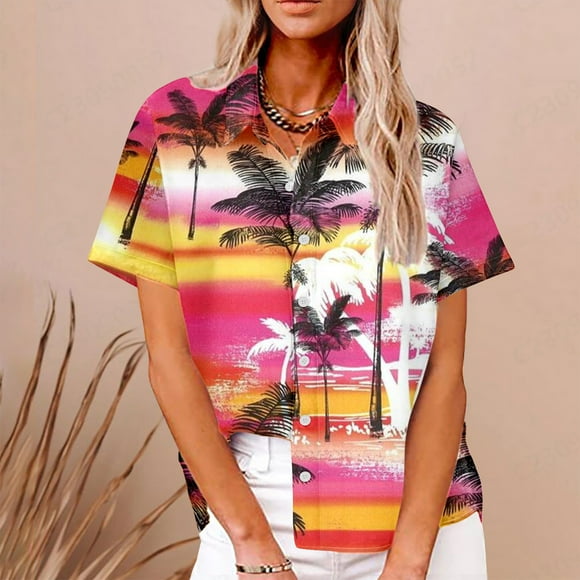 LOVZFMLL Women's Summer Tops Round Neck Hawaii Printing Short Sleeved Casual Shirt Top Short Sleeved Round Neck Top/shirt