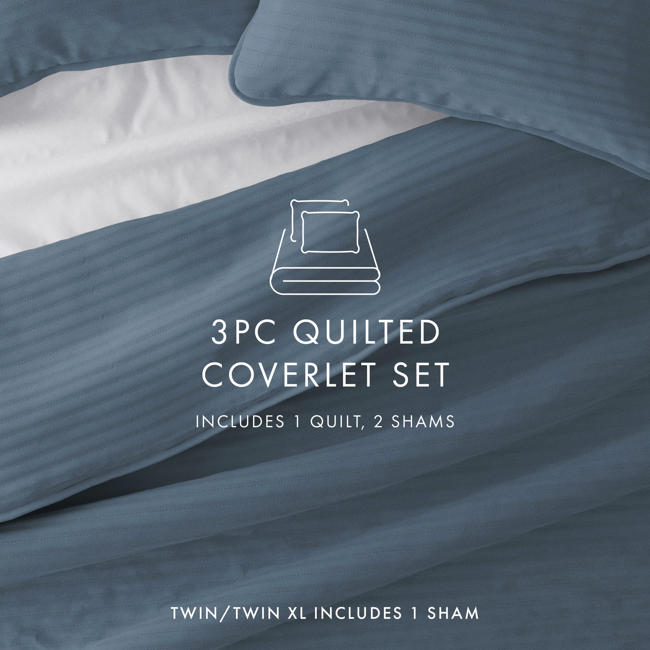 Noble Linens 3 Piece Dusk Blue Stripe Stitch Quilt Set, Queen / Full
