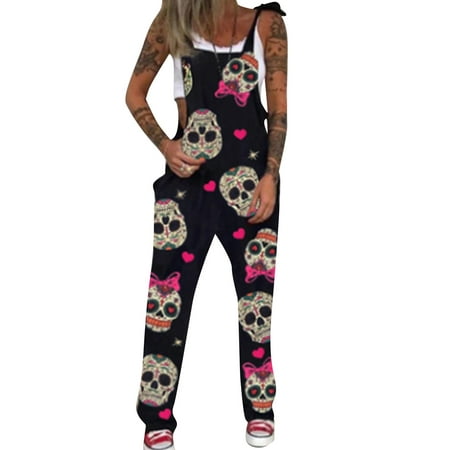 

sdghg Women Halloween Overalls Black Printed Pattern Square Collar Sleeveless One-piece S-XXXXL