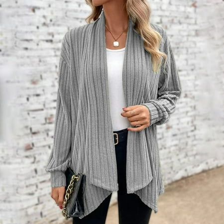 

KDJ Women Long Sleeve Solid Loose Cardigan Spring Open Front Coat Jacket Outwear