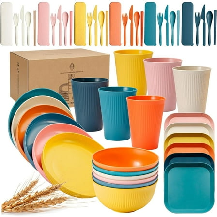 Wheat Straw Dinnerware Sets, 54 Pieces Unbreakable Dinnerware Sets for 6 People, Reusable Wheat Straw Plates and Bowls Sets, Lightweight Travel Picnic Home Party Camping Cutlery Set