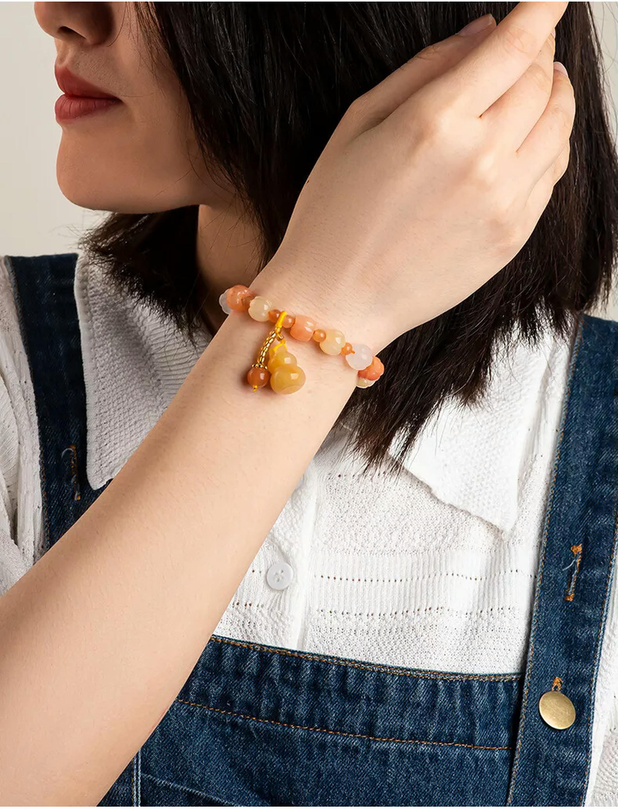 HOOUN Golden Silk Jade Gourd Pumpkin Beads Hand Chain Topaz Women's Jade Bracelet