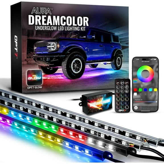 OPT7 Aura DreamColor Underglow Chasing Lights for Car with APP & Remote Control, Waterproof Rigid Aluminum LED Light Bar, Exterior Neon Accent Underbody RGBIC Light Kit, Multi Colors Music Mode, 12V