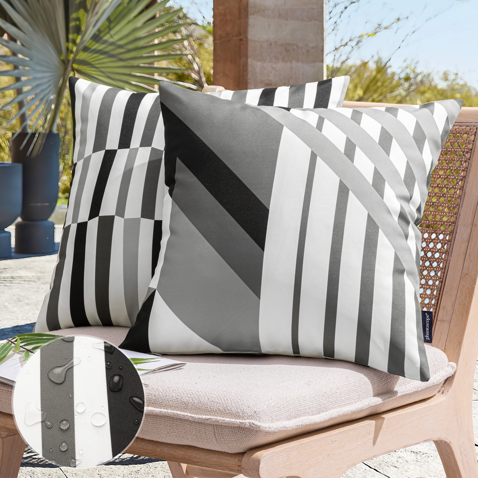 Phantoscope 2 Pack Waterproof Outdoor Decorative Throw Pillow 18x18, Geometric Color Block Patio Cushion Cases for Couch & Tent, Black & Gray