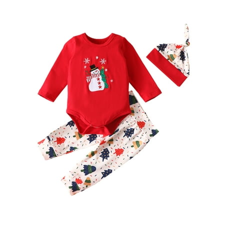 

Nokpsedcb Baby Christmas Long Tree Printed Sleeve Round Neck Tops Pants Hat Sets