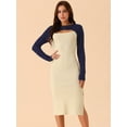thumbnail image 3 of DARING DIVA Crew Neck Stretch Cutout Midi Sweater Dress L Dark Blue-Beige, 3 of 5