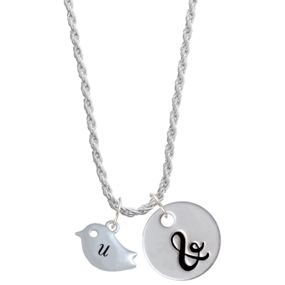 Delight Jewelry Silvertone Little Bird Initial - U - Silvertone Script Initial Disc - & - Charm Necklace, 20"+3"