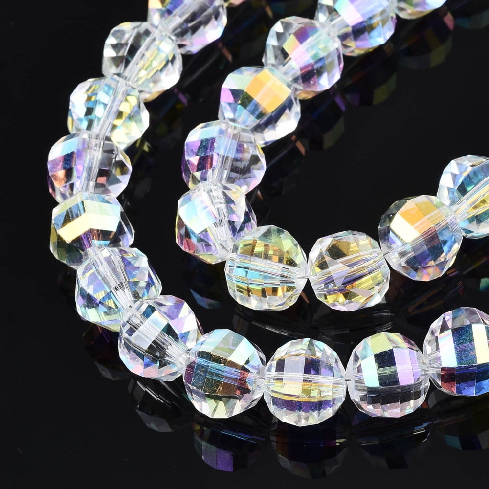 Electroplate Transparent Glass Beads Strands AB color Plated Faceted Round Clear AB 9.5x8.5mm Hole: 1.5mm 65~70pcs/strand 22.05 inch~23.62 inch(56~60cm)