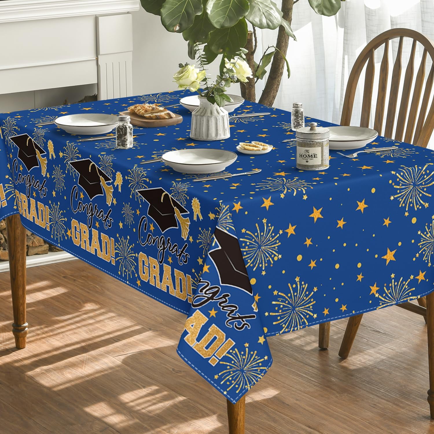 Graduation Rectangular Tablecloth 60×120 Inch, Blue Gold Bachelor Grad Cap Washable Table Cover for Party Picnic Dinner Decor