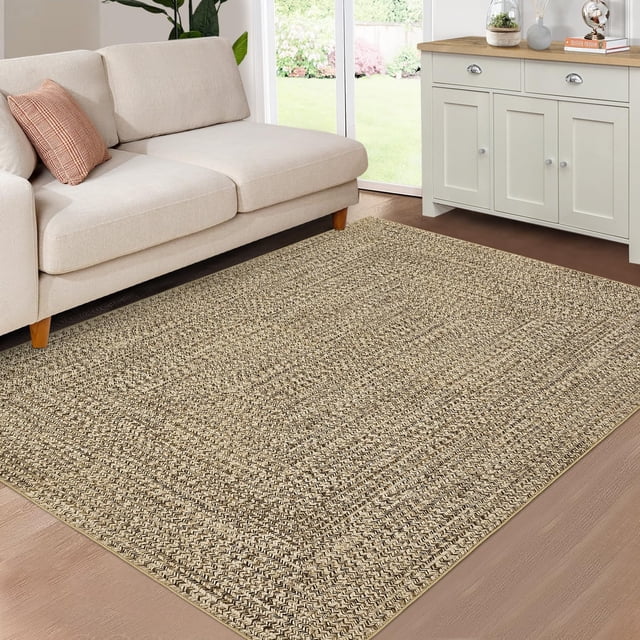 Washable Rugs 5x7 Modern Braided Print Rug (Not Woven) Non Slip Rug for Living Room Low Pile Braided Print Rugs Woven Pattern Indoor Floor Carpets for Office Dining Nursery, Linen Brown