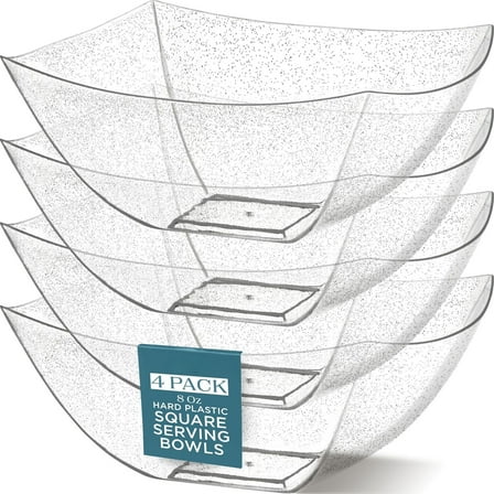 Silver Glitter Plastic Serving Bowls for Party (8oz - 4 Pack) Square Bowls, Disposable Chip Bowls, Candy Bowls for Party Table, Salad Bowls for Party, Candy Containers for Candy Buffet