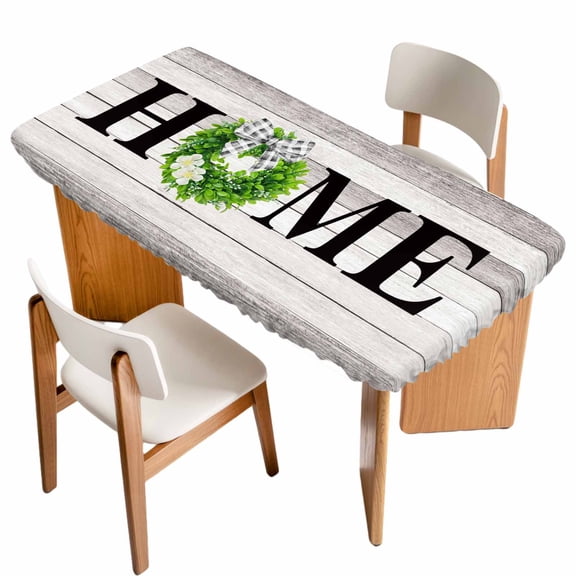 Rustic Table Cloths for 4 Foot Rectangle Tables, Eucalyptus Leaves Green Wreath Wooden Plaid Home Patio Waterproof Elastic Fitted Tablecloths, Washable Rectangular Table Cover for Camping