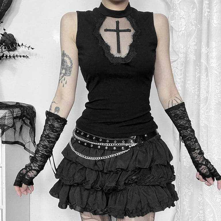 Y2K Goth Black Cross Sleeveless Basic Tank Tops Sexy Vintage Lace