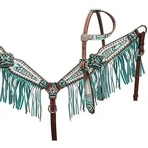 Western Headstall Breast Collar Reins & Wither Straps Tack Set Cowhide Leather Handmade Beaded Tooled Carved Horse Saddle Riding Tooling Carving Equestrian Size Full