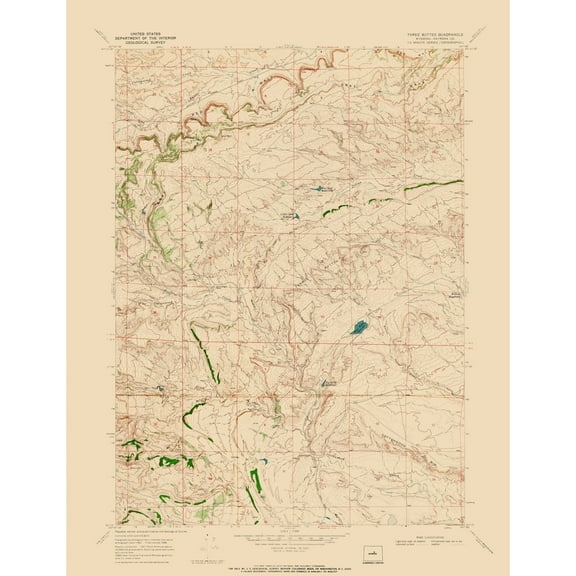 Topographical Map - Three Buttes Wyoming Quad - USGS 1968 - 23 x 29.87 - Vintage Wall Art