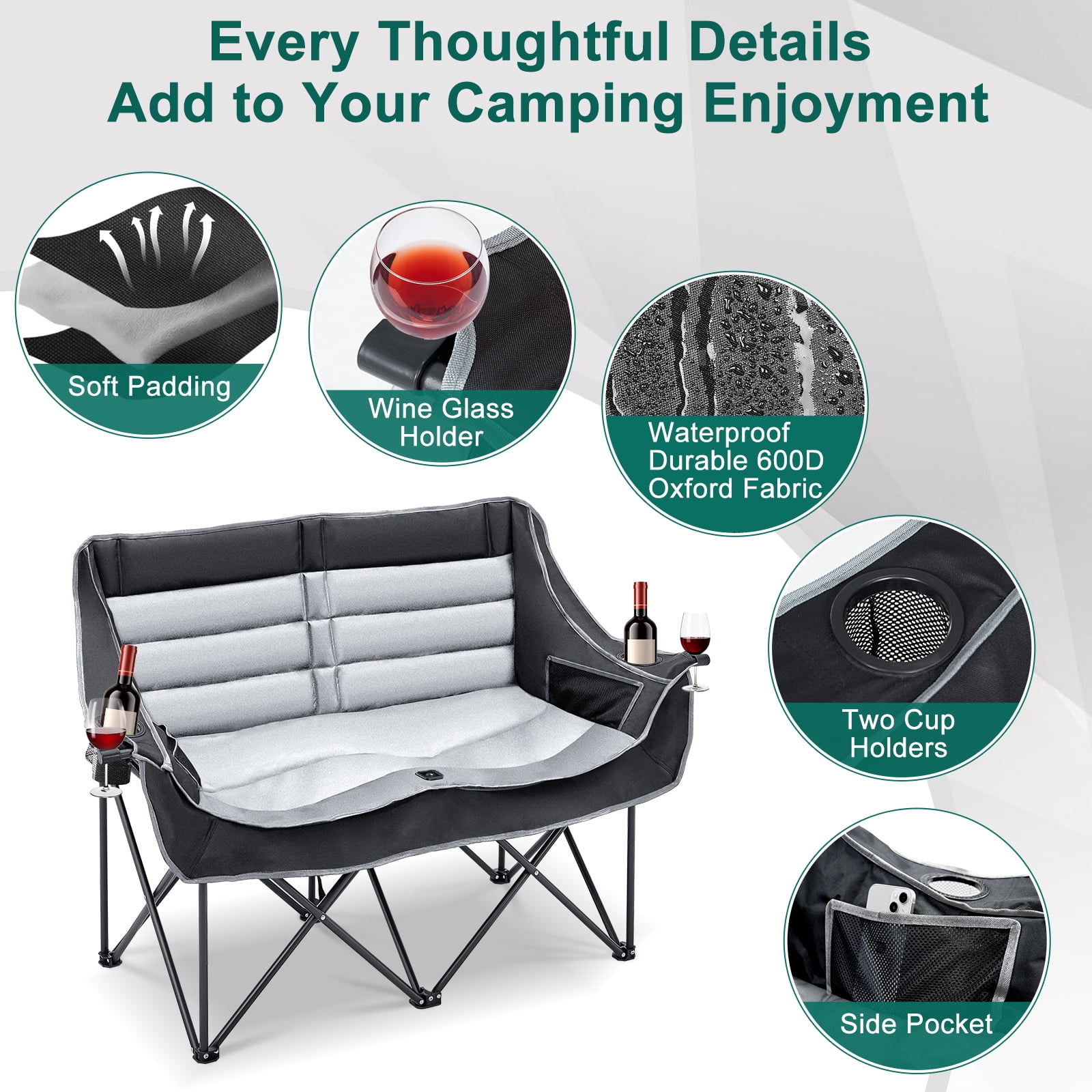 ABORON Oversized Double Camping Chair, Folding 2 Person Camping Chair Loveseat, Fully Padded Duo Chair Camping Couch, Portable Double Camp Chair, Lawn Chairs, Camping Bench with Carrying Bag