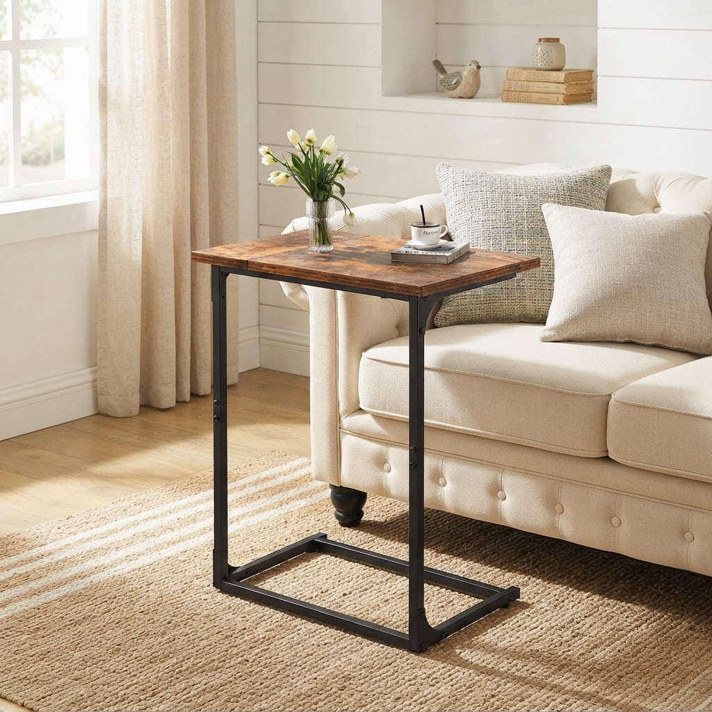 C Shaped End Sofa Table, TV Tray Couch Side Table for Living Room, Bedroom, With widened tabletop,27"(H) x 21.1"(W) x 11.4"(D), Brown