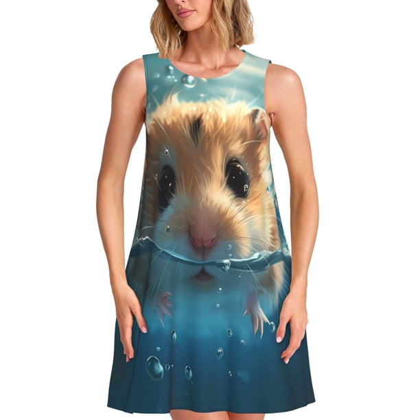 Balery Cute Swimming Guinea Pig Vestidos de verano para mujer con estampado: vestido holgado sin mangas, vestido playero informal y cómodo para días calurosos.