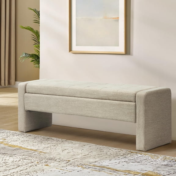 Beige Modern Tufted Upholstered Storage Bench, 55 Inch Fabric Ottoman for