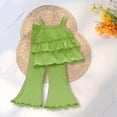 thumbnail image 2 of CPNG Girls Summer Outfits Solid Color Short Sleeve Suspender Tops Bell-Bottom Outfits 2Pcs Set Fashionable Casual Suit(Green,12-18 Months), 2 of 7