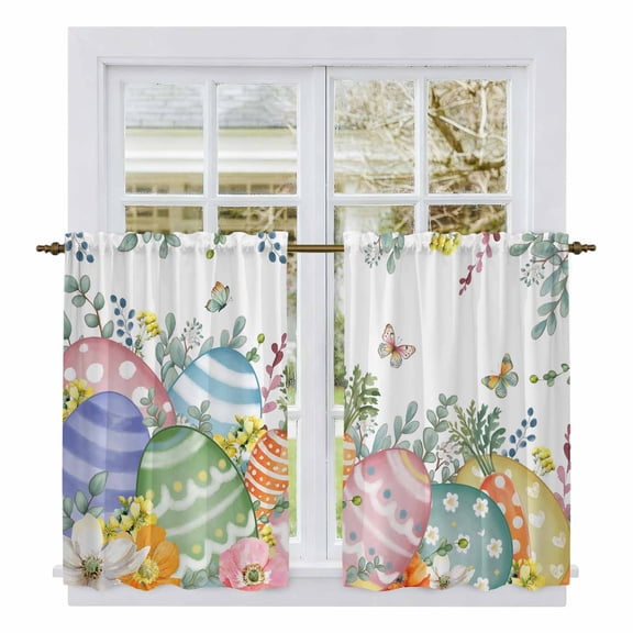 Easter Eggs Kitchen Curtain for Berdoom Living Room Cafe 45 Inch Length, Spring Botanical Eucalyptus Floral Butterfly Tiers Curtains Light Filtering Drapes Window Treatment 2 Panels 52"Wx45"L