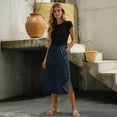 thumbnail image 5 of Women's Cotton Linen Midi Skirt Elastic Waist Side Button Split Pockets Solid Color Casual A-Line Mid-Calf Skirt 05-Navy L, 5 of 5