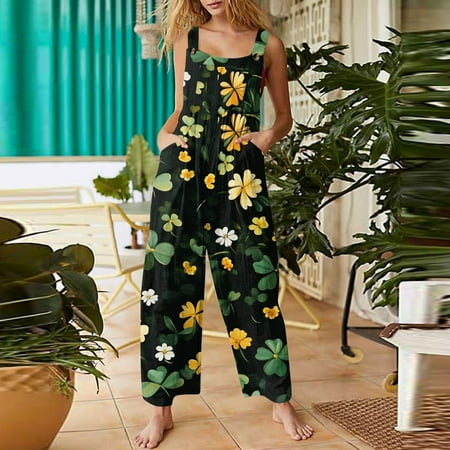 Women Bodysuit  Womens Jumpsuits  Women Workout Sets  Rompers for Women Dressy  St Patricks Day Outfits for Women  Women s Casual Jumpsuit Sleeveless Valentine s Day Print Cotton Jumpsuit  Dark Green