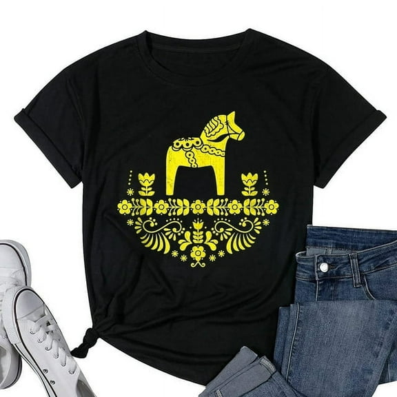 Womens Dala Horses Traditional Swedish Sverige Dalecarlian Horses T Shirt Black