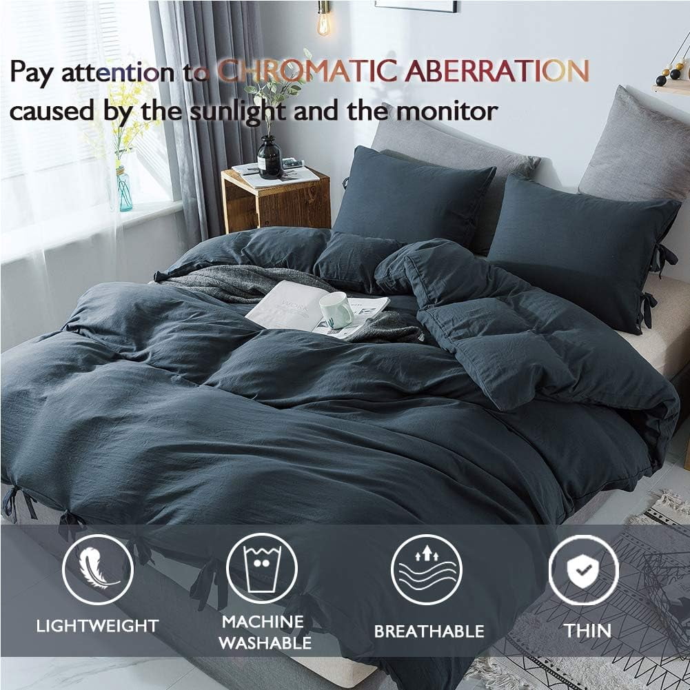 Washed Cotton Duvet Cover Twin, Navy Blue Minimalist Cotton Duvet Cover Set, 3 Pieces Plain Simple Cotton Duvet Cover Set with 2 Pillow Shams, Twin, 66"*90"