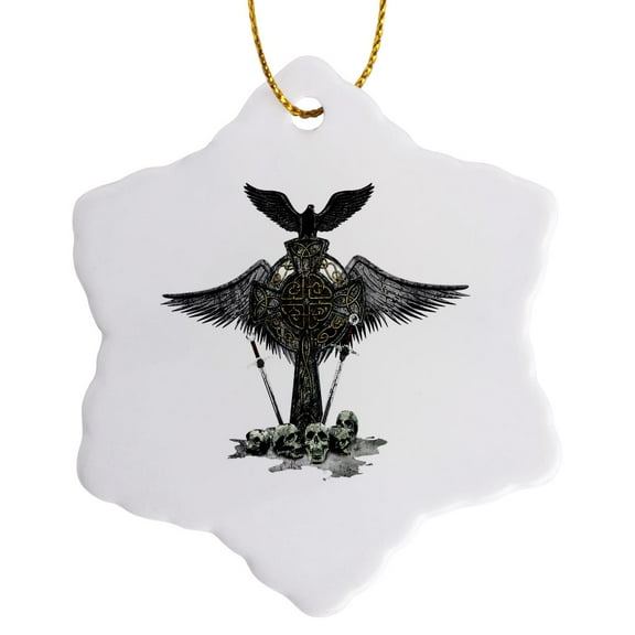 3drose, a Gothic Fantasy Celtic Cross, Skulls, Swords and a Black Raven., 3 inch Snowflake Porcelain Ornament