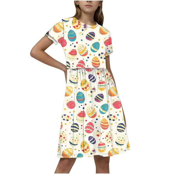QQAMB Dresses for Girls Cute Easter Crewneck Patchwork Short Sleeve Spring Summer Trendy Dresses