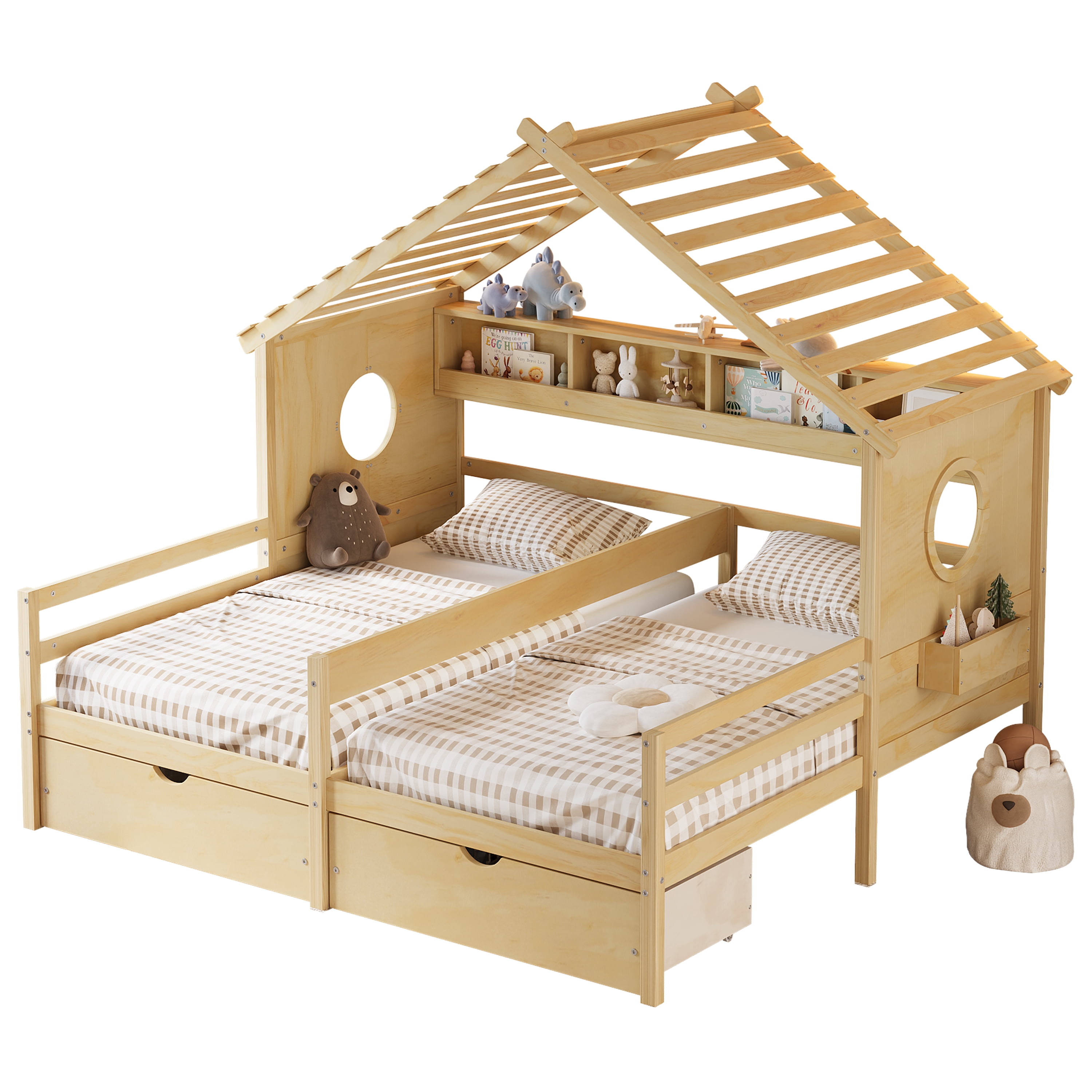 Euroco Wood Twin Size Platform Bed, Side by Side 2 Beds in 1 with Storage Shelves and Drawers, Natural