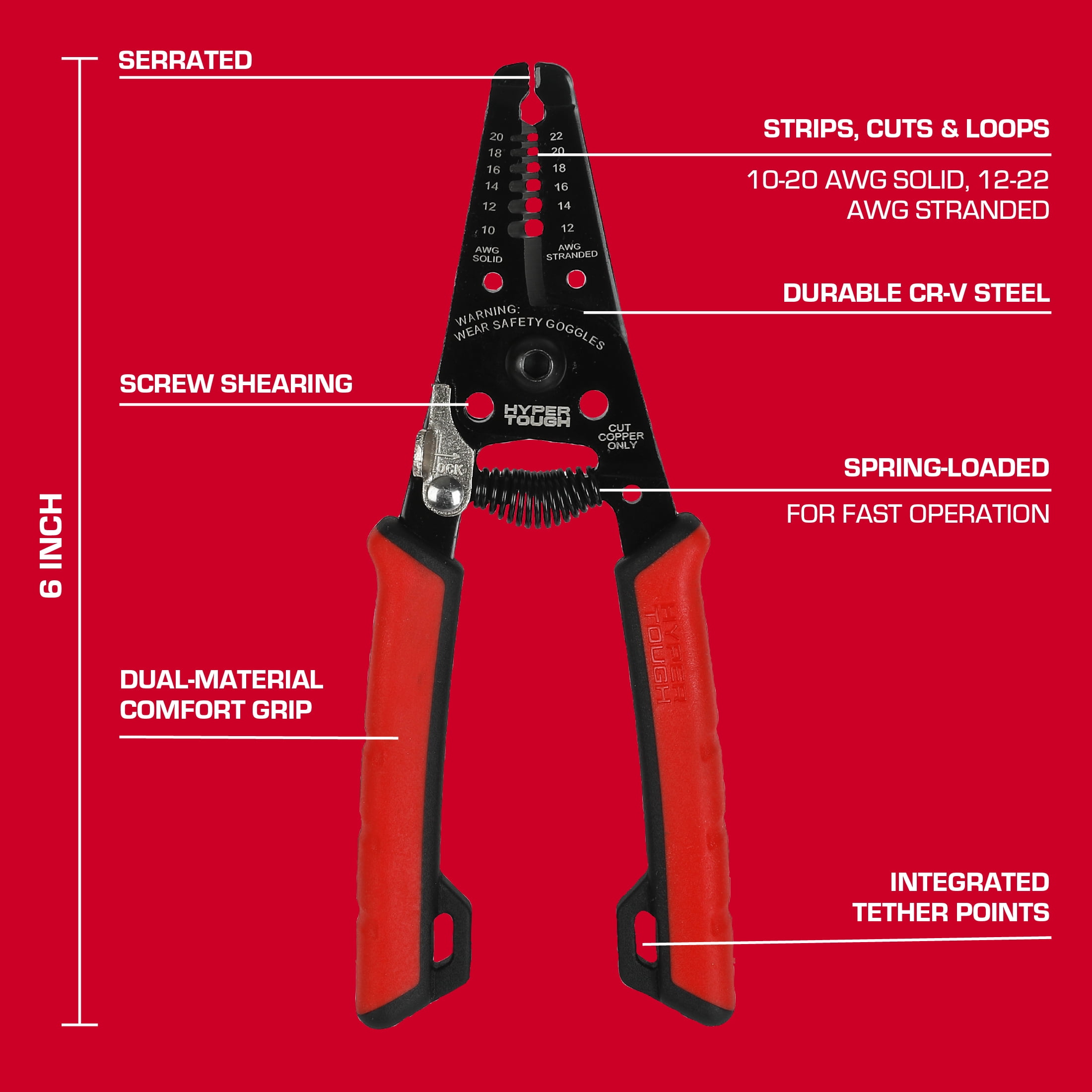 Hyper Tough 6-inch Wire Stripper with Dual Material Comfort Grips