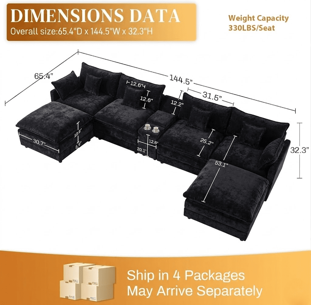145" U Shaped Cloud Couch Sectional Sofa, Modular Chenille Sectional with Double Chaise, USB Charging, Hidden Storage & Center Console, Deep Seat Comfy Couch for Living Room, Black