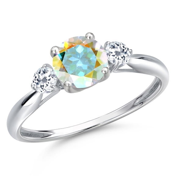 Gem Stone King 10K White Gold Mercury Mist Mystic Topaz and White Topaz 3-Stone Ring for Women | 1.28 Cttw | Round 6MM | Gemstone November Birthstone | Size 9