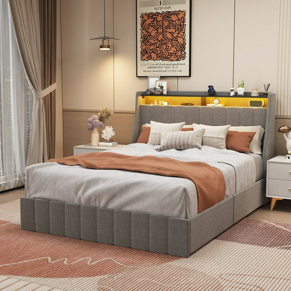 Queen Size Bed Frame With Led, 4 Under Storage Parts, Grey Upholstered Led & Tiered