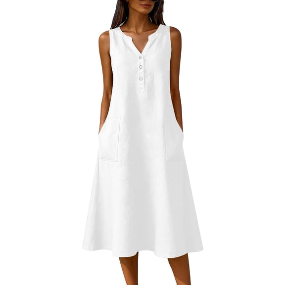 Atogsazn Womens Summer V Neck Dress Dressy Casual Button Sleeveless Midi Dresses Flowy A-Line Sundress with Pocket Beach White L Fashion