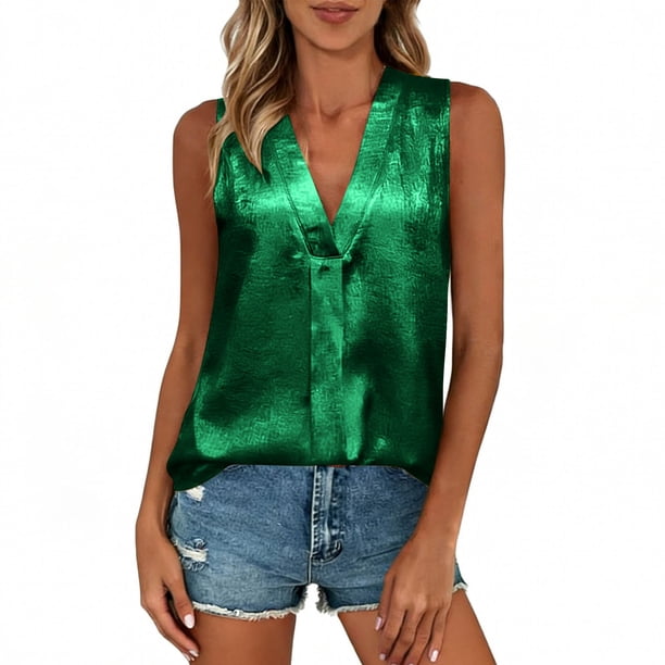 Tops de Color Sólido para las Mujeres Estampado Caliente V-Cuello sin Mangas de la Blusa de la Fiesta Glam, Tops de la Fiesta para las Mujeres