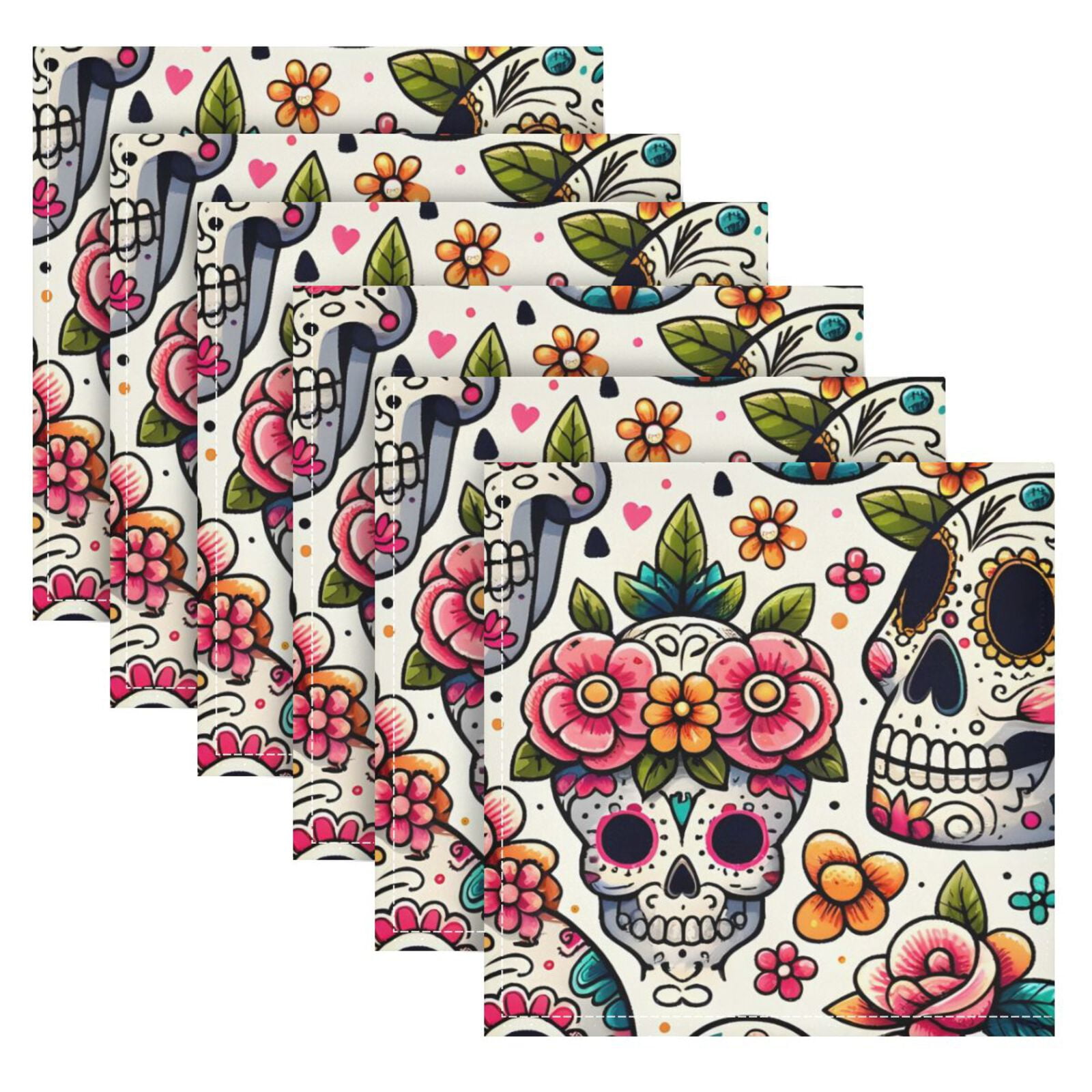 JSTEL Sugar Skull Day Of Dead Flower Cloth Napkins Set of 6, 20x20 Inch Washable and Reusable Napkin for Decoupage Dinner Party Everyday Use