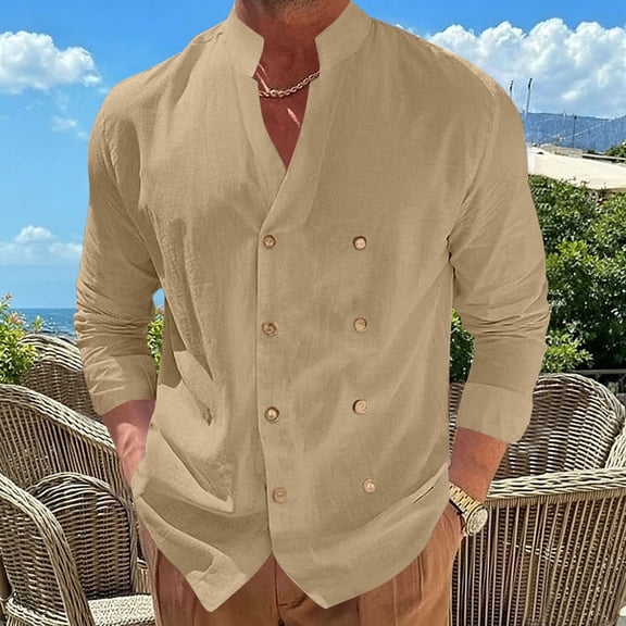 SGFCWSX Men's Shirt Jacket Mandarin Collar Double Breasted Button Front Long Sleeve Side Pocket Casual Coat Khaki Size XL