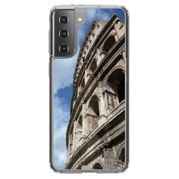DistinctInk Clear Shockproof Hybrid Case for Galaxy S21  PLUS 5G (6.7" Screen) - TPU Bumper, Acrylic Back, Tempered Glass Screen Protector - Roman Colosseum Rome