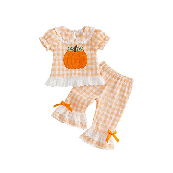 RUINIXCW Toddler Baby Girl Halloween Outfit Infant Baby Girl Summer Fall Clothes Cute Pumpkin Ghost Embroidery Short Sleeve Plaid Shirt Tops Flared Pants Set