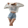 thumbnail image 4 of Women Mesh Crochet Crop Top See Through Cover Up for Bikini Hollow Out Fishnet Long Sleeve T-Shirt Top, 4 of 6
