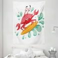 thumbnail image 1 of Ride The Wave Tapestry, Caricature Crab Surfing in the Sea Sports Adventure Illustration, Wall Hanging for Bedroom Living Room Dorm Decor, 60W X 80L Inches, Dark Coral Mint Orange, by Ambesonne, 1 of 2