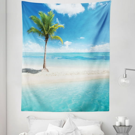 Coastal Tapestry, Idyllic Scenery Seashore Picture Sun Rays View with Palm Tree Tropical Beach, Fabric Wall Hanging Decor for Bedroom Living Room Dorm, 5 Sizes, Aqua White Green, by Ambesonne