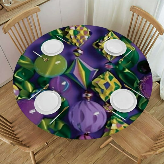 HAOXIT Mardi Gras Tablecloth, Mardi Gras Celebration Beads in Vibrant Graphic Style on Pattern, Dining Room Kitchen Round Table Cover 31-35